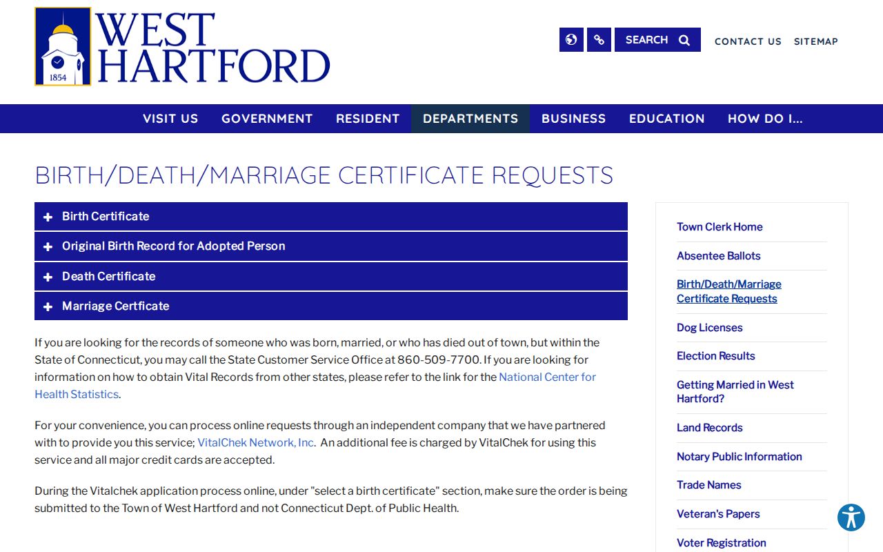 West Hartford residents directory vital records request