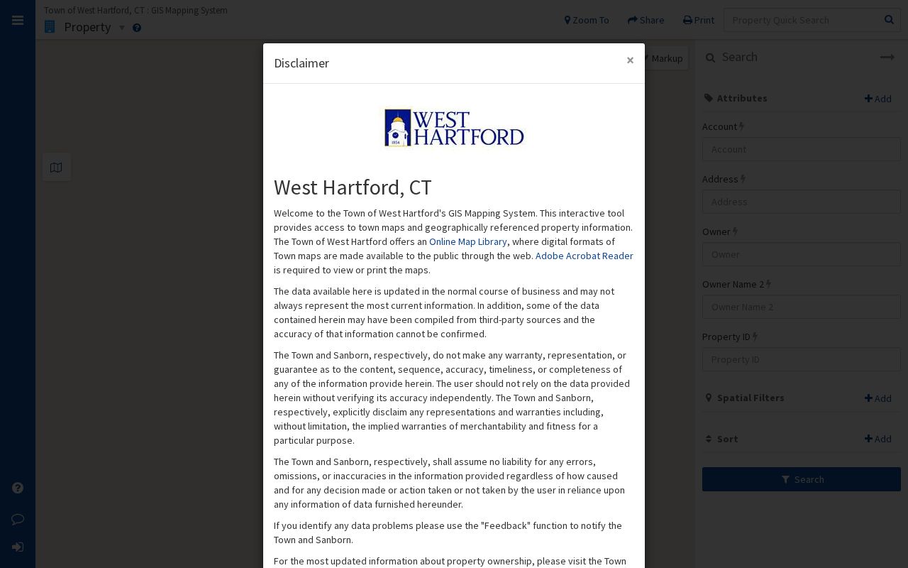 West Hartford MapGeo parcel viewer used to identify neighboring lots