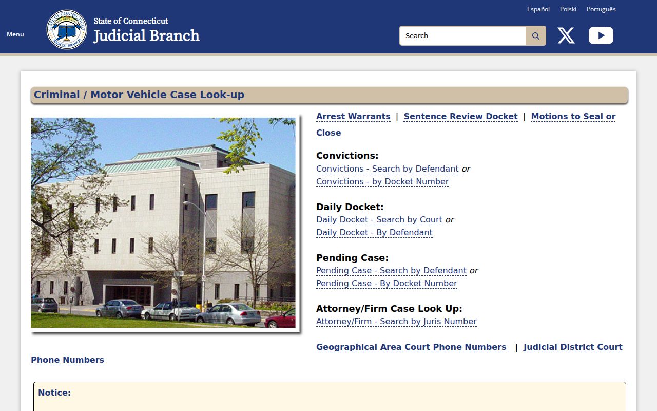 Connecticut Judicial Branch criminal case information page used in West Hartford resident research