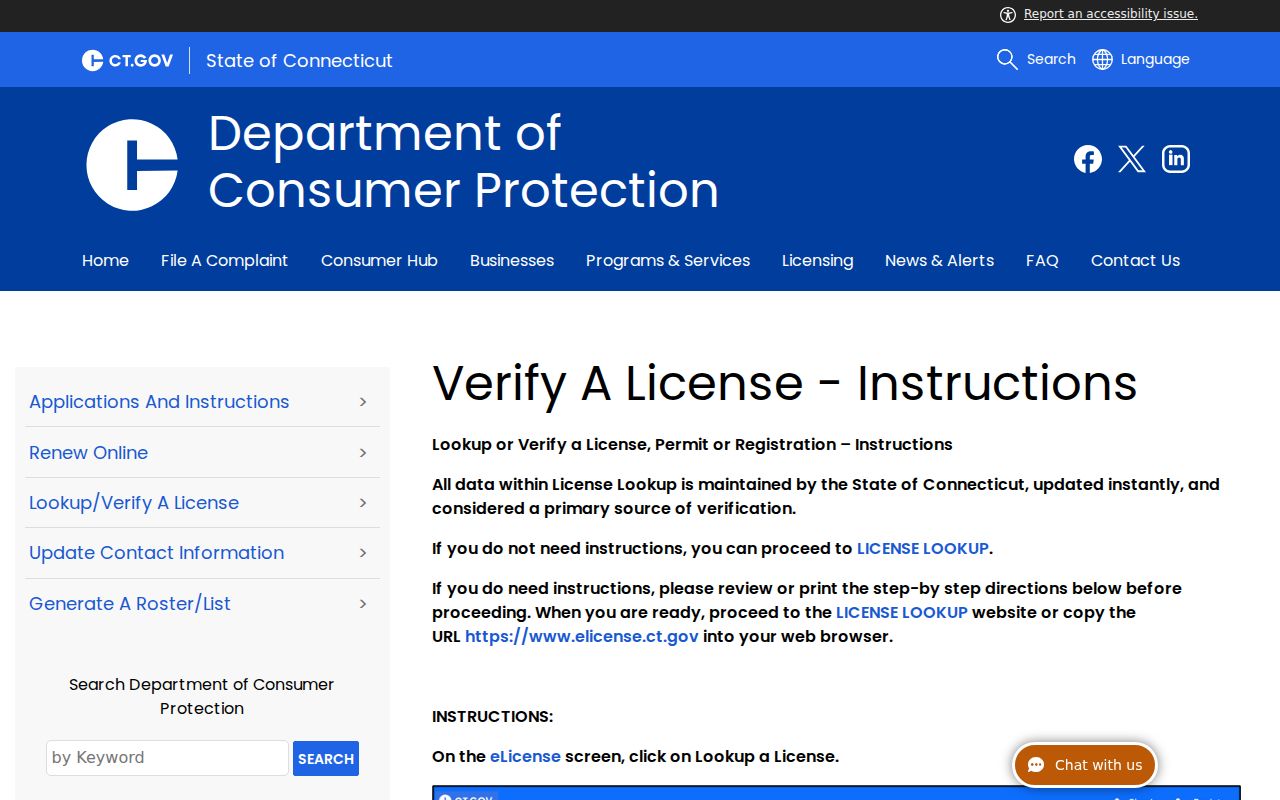 Connecticut eLicense verification instructions for checking a West Hartford public credential