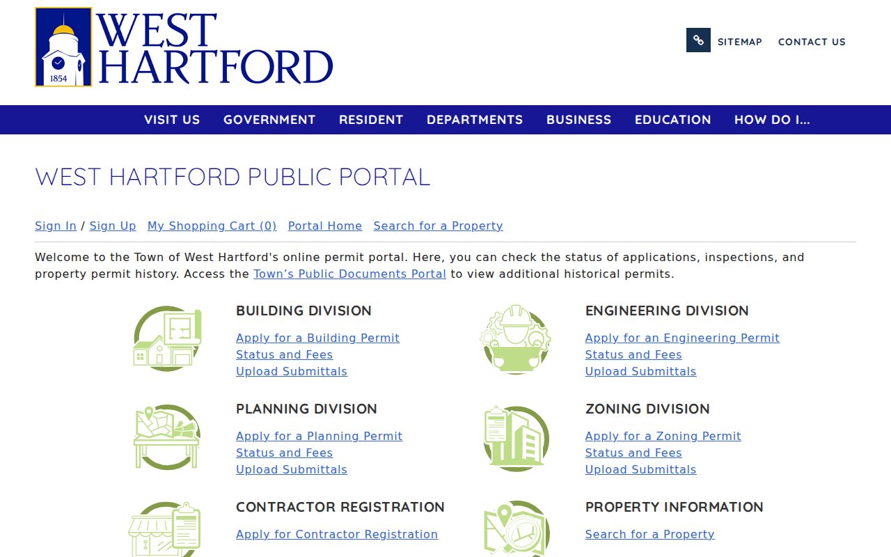 West Hartford street directory CityView permit portal