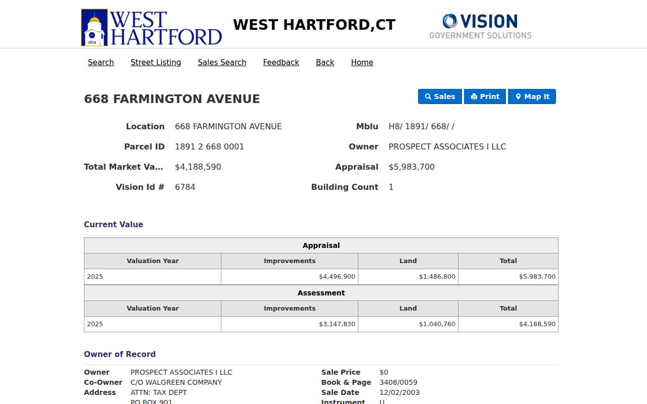 West Hartford street directory sample parcel record
