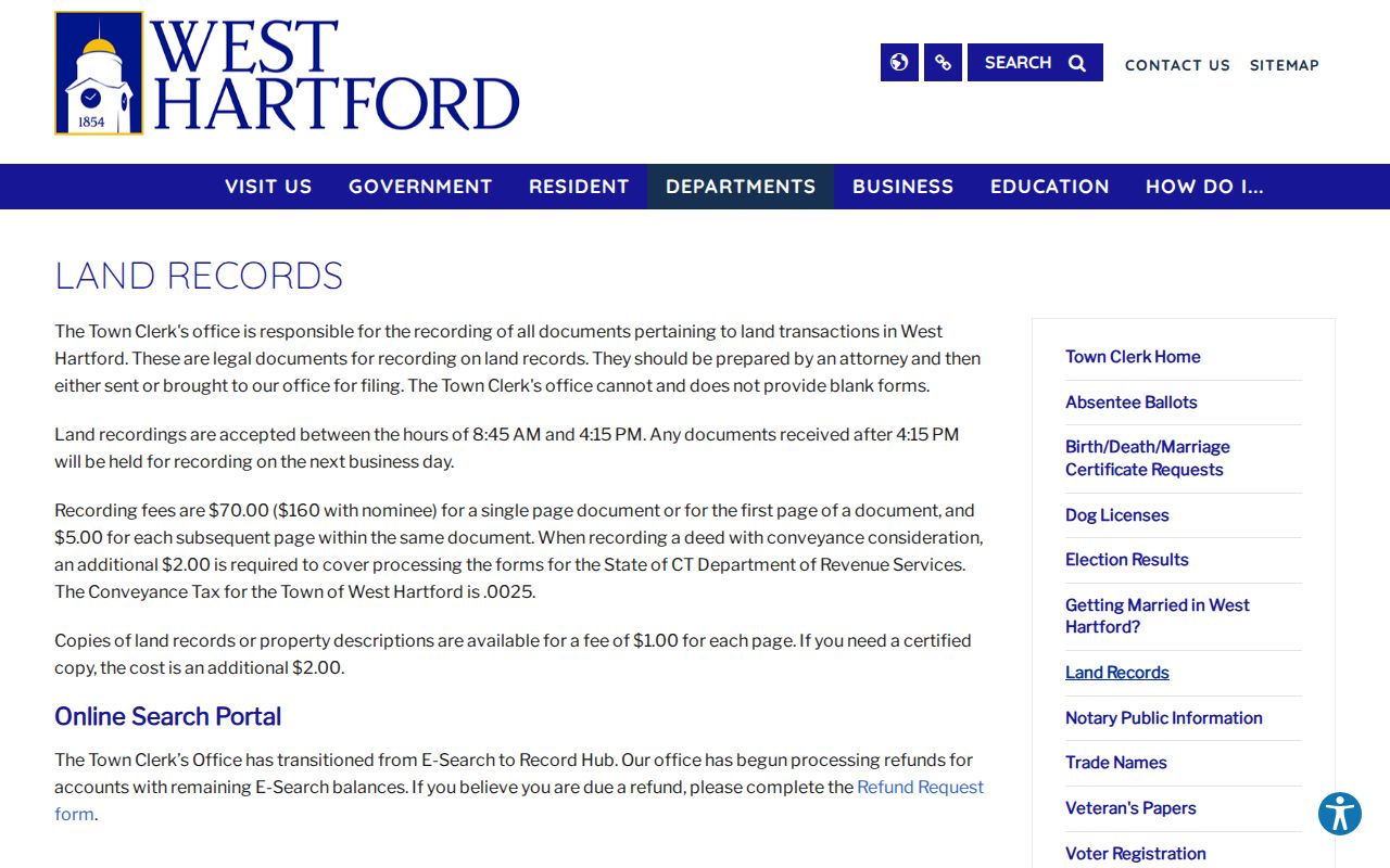 West Hartford street directory land records access