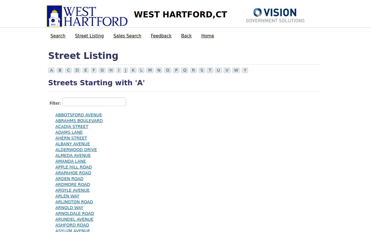 West Hartford street directory assessor street listing