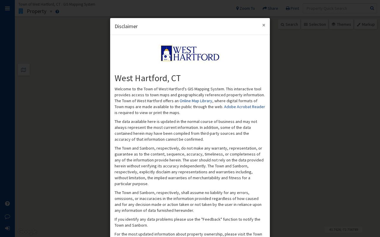 West Hartford MapGeo parcel map used beside ZIP code boundaries